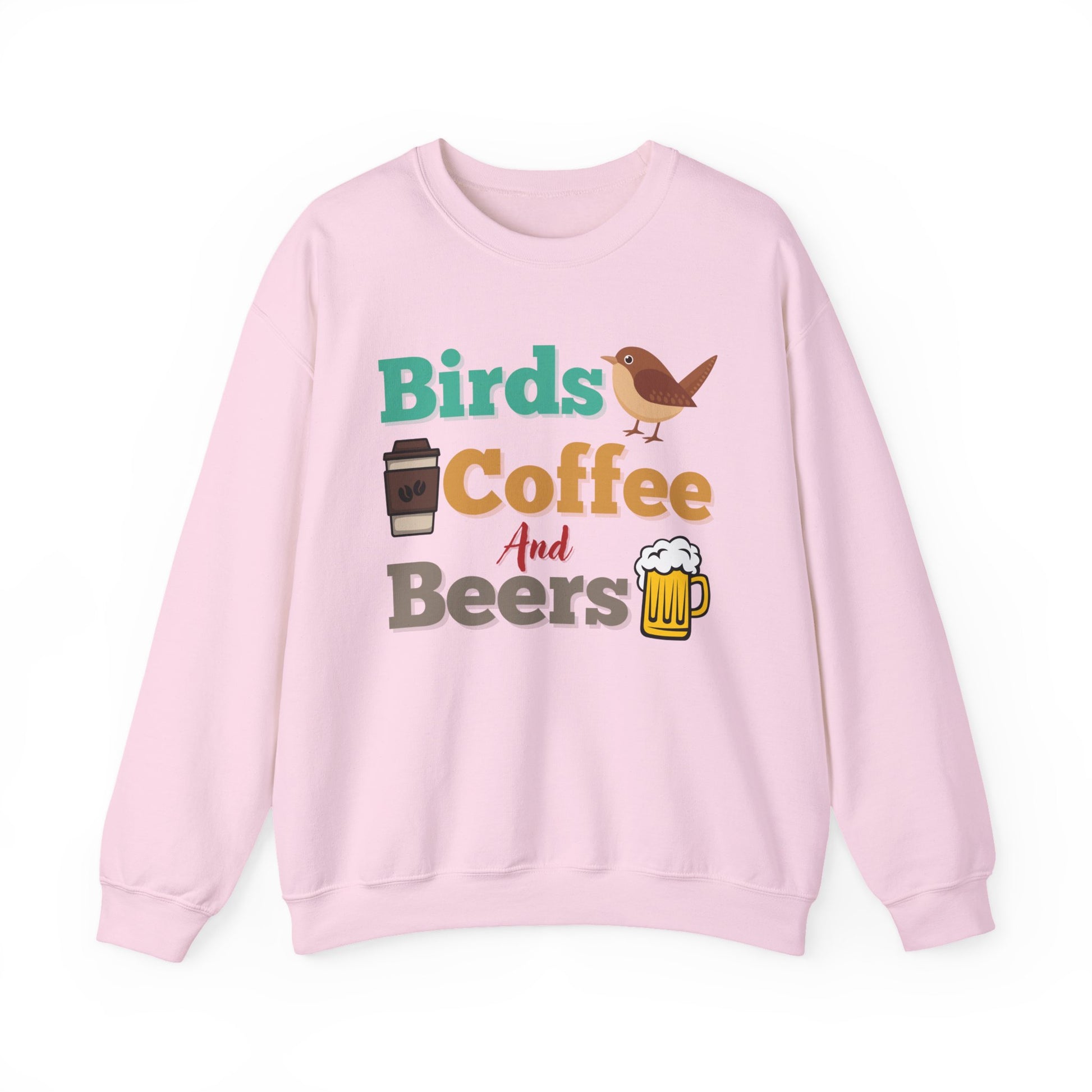 Pink sweatshirt with colorful "bird, coffee, beers" text and graphics on a white background