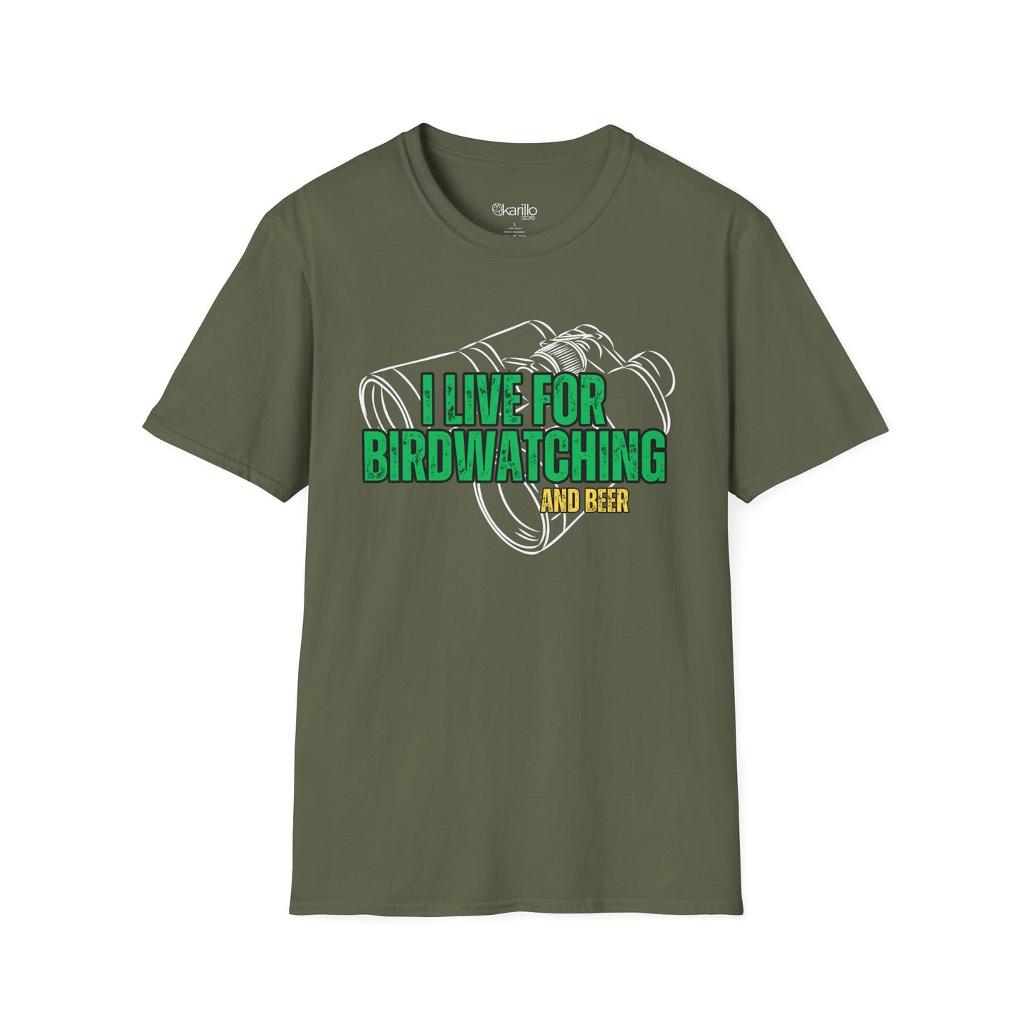 military green t-shirt with birdwatching and beer graphic and text on a white background