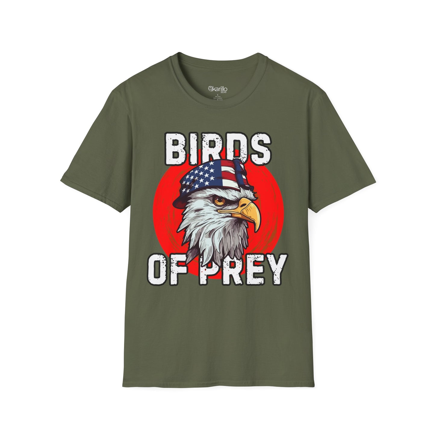 Military green t-shirt with an eagle graphic and 'Birds of Prey' text on a white background