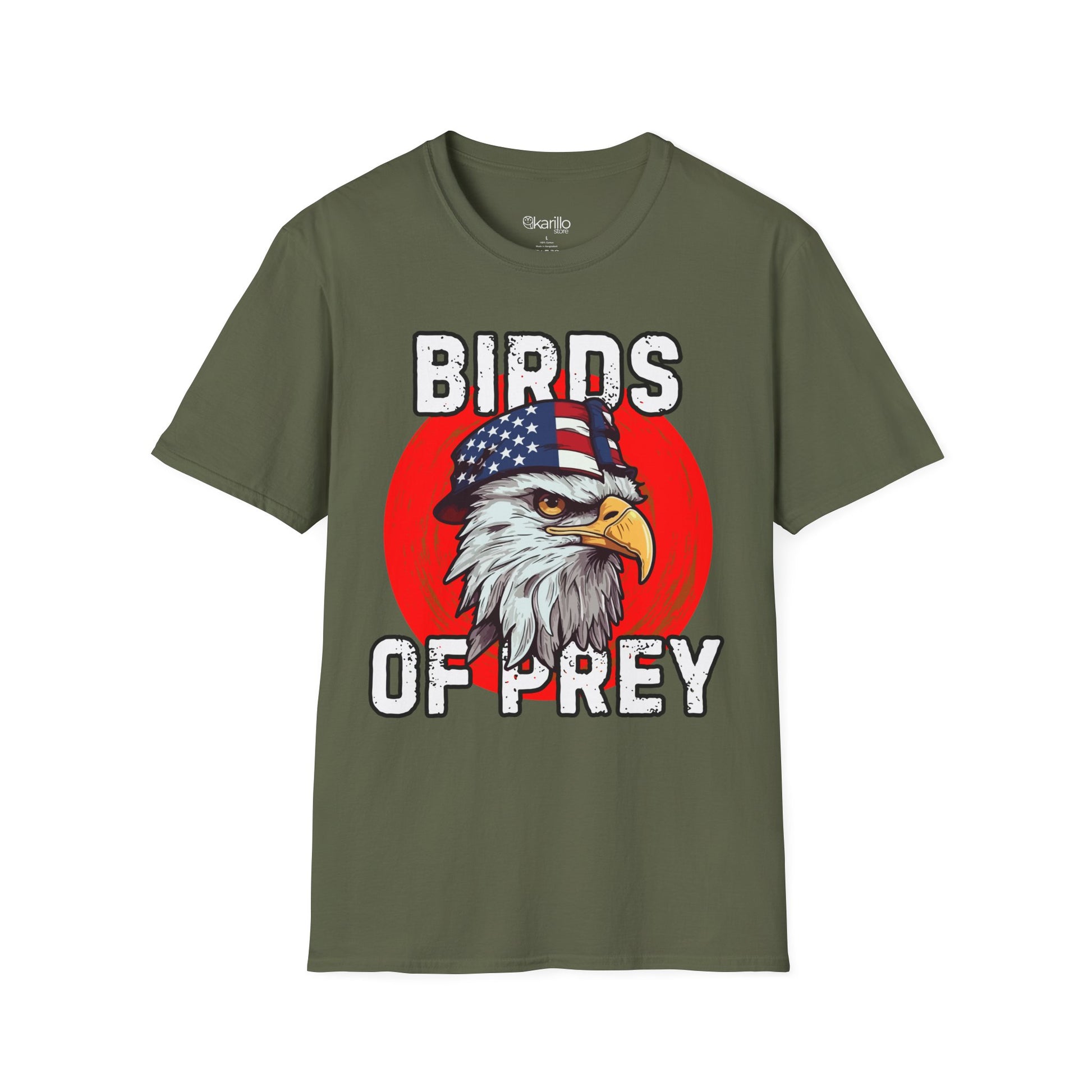 Military green t-shirt with an eagle graphic and 'Birds of Prey' text on a white background