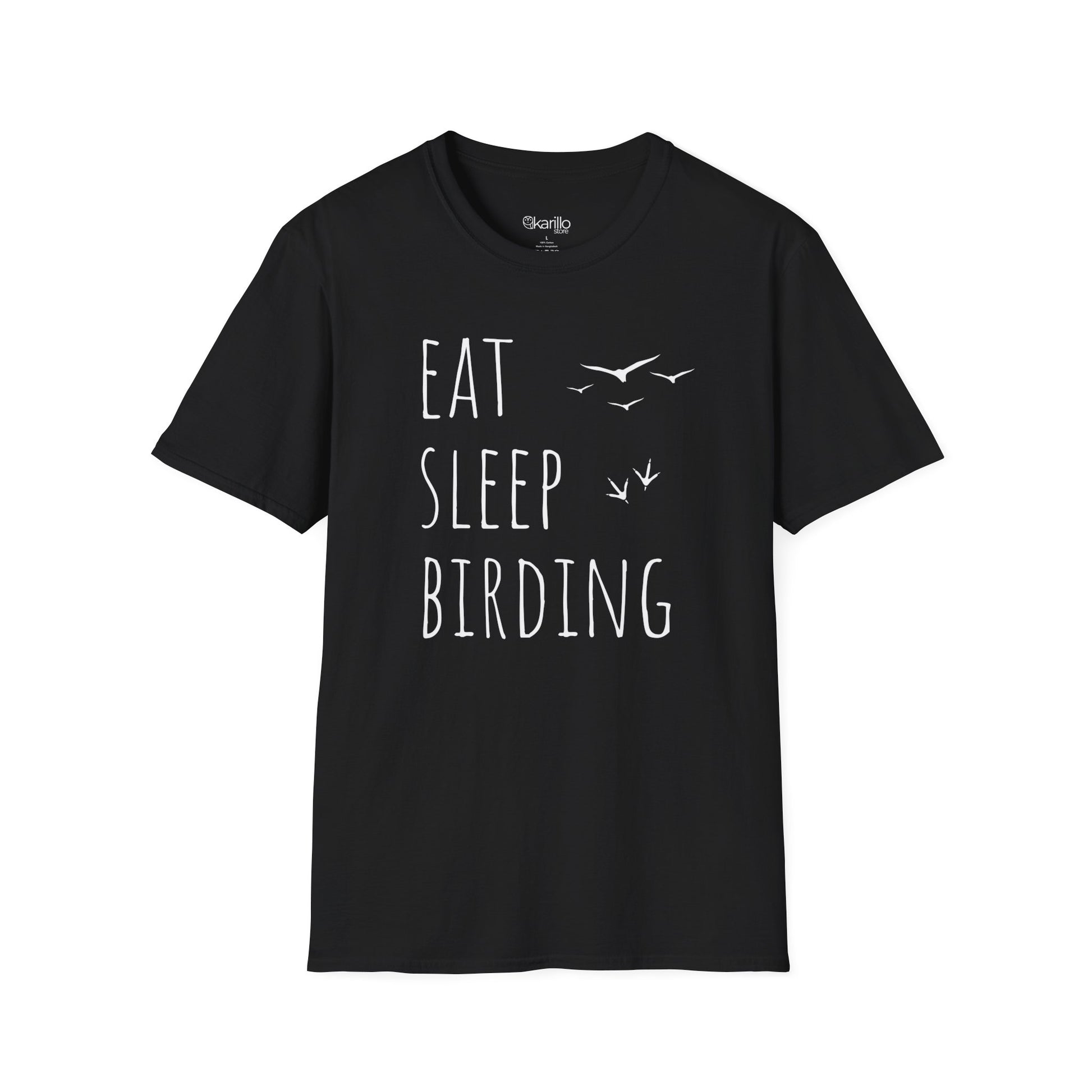 Black t-shirt with 'Eat Sleep Birding' text and bird illustrations on a white background