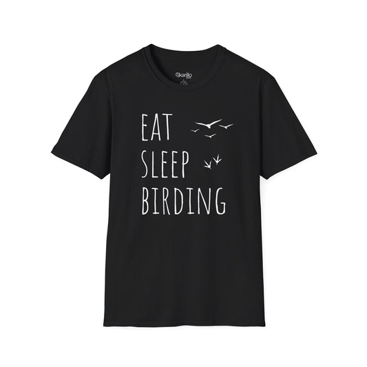 Black t-shirt with 'Eat Sleep Birding' text and bird illustrations on a white background