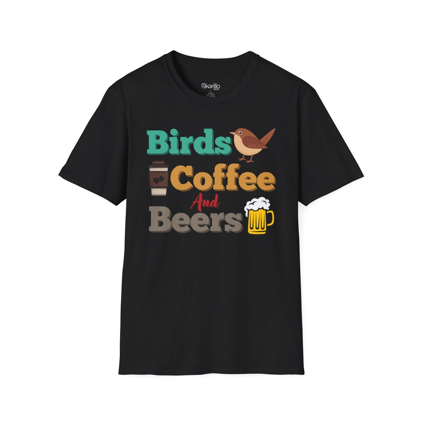 Front view of Birds Coffee and Beers Unisex T-Shirt black color Graphic Tee for Birdwatchers
