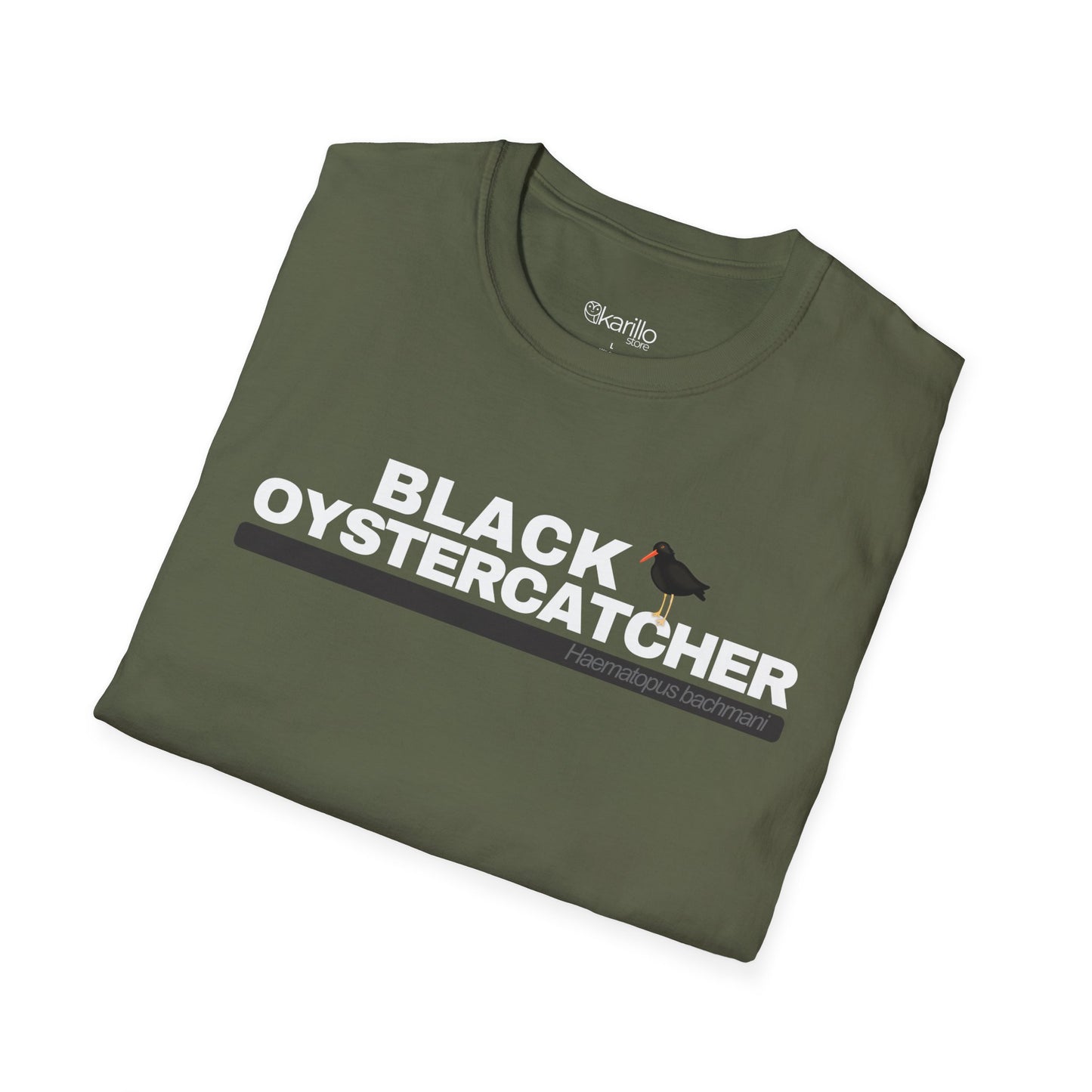 Folded military green t-shirt with 'Black Oystercatcher' text and logo on a white background