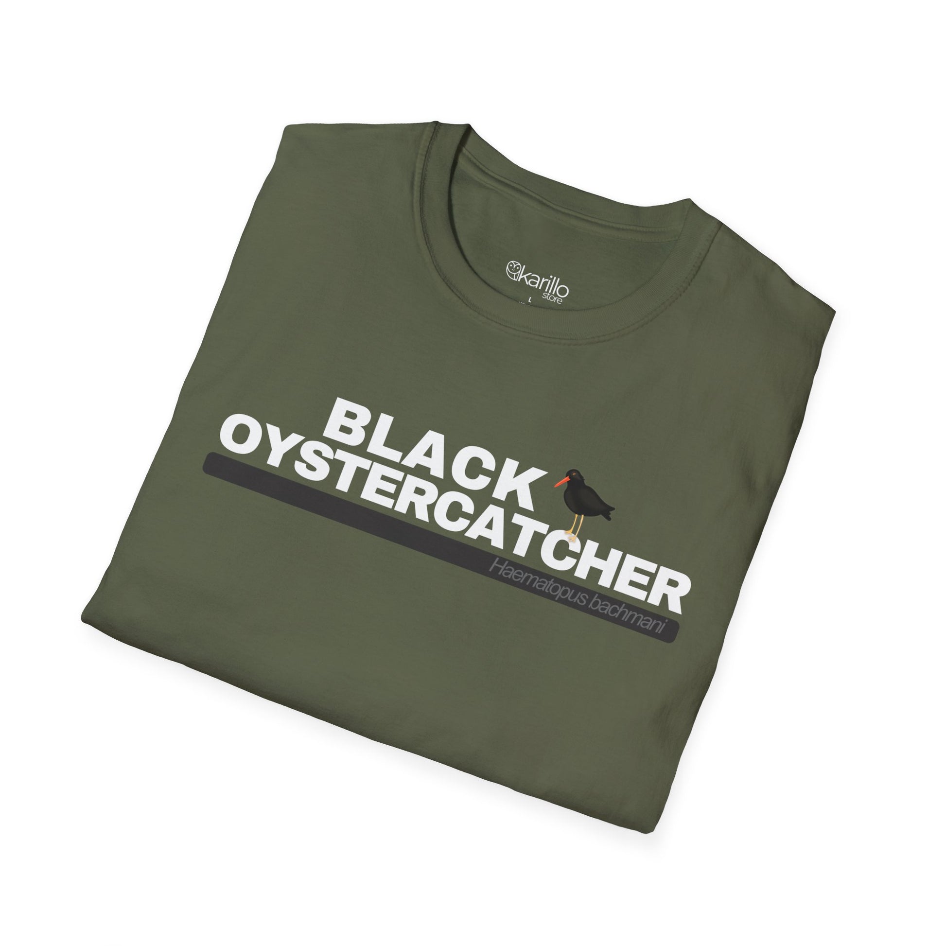 Folded military green t-shirt with 'Black Oystercatcher' text and logo on a white background