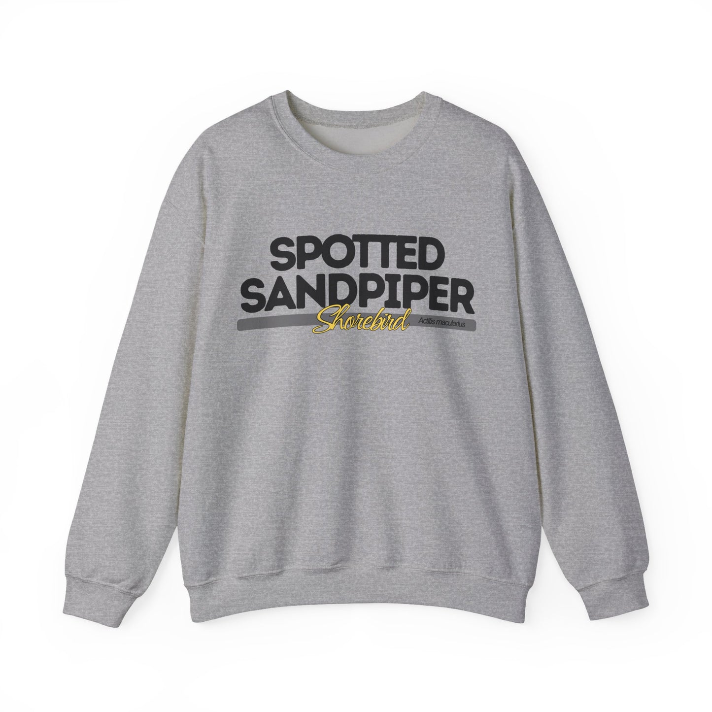 Gray sweatshirt with 'Spotted Sandpiper' text on a white background