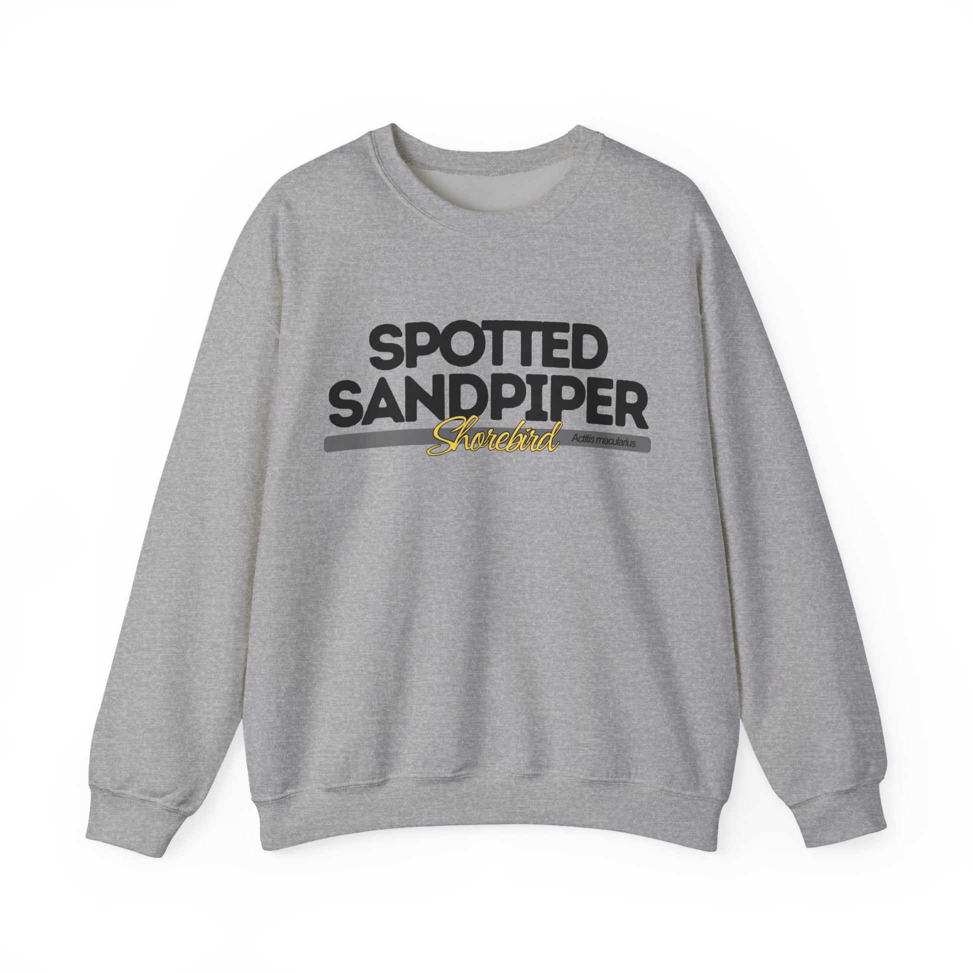 Gray sweatshirt with 'Spotted Sandpiper' text on a white background