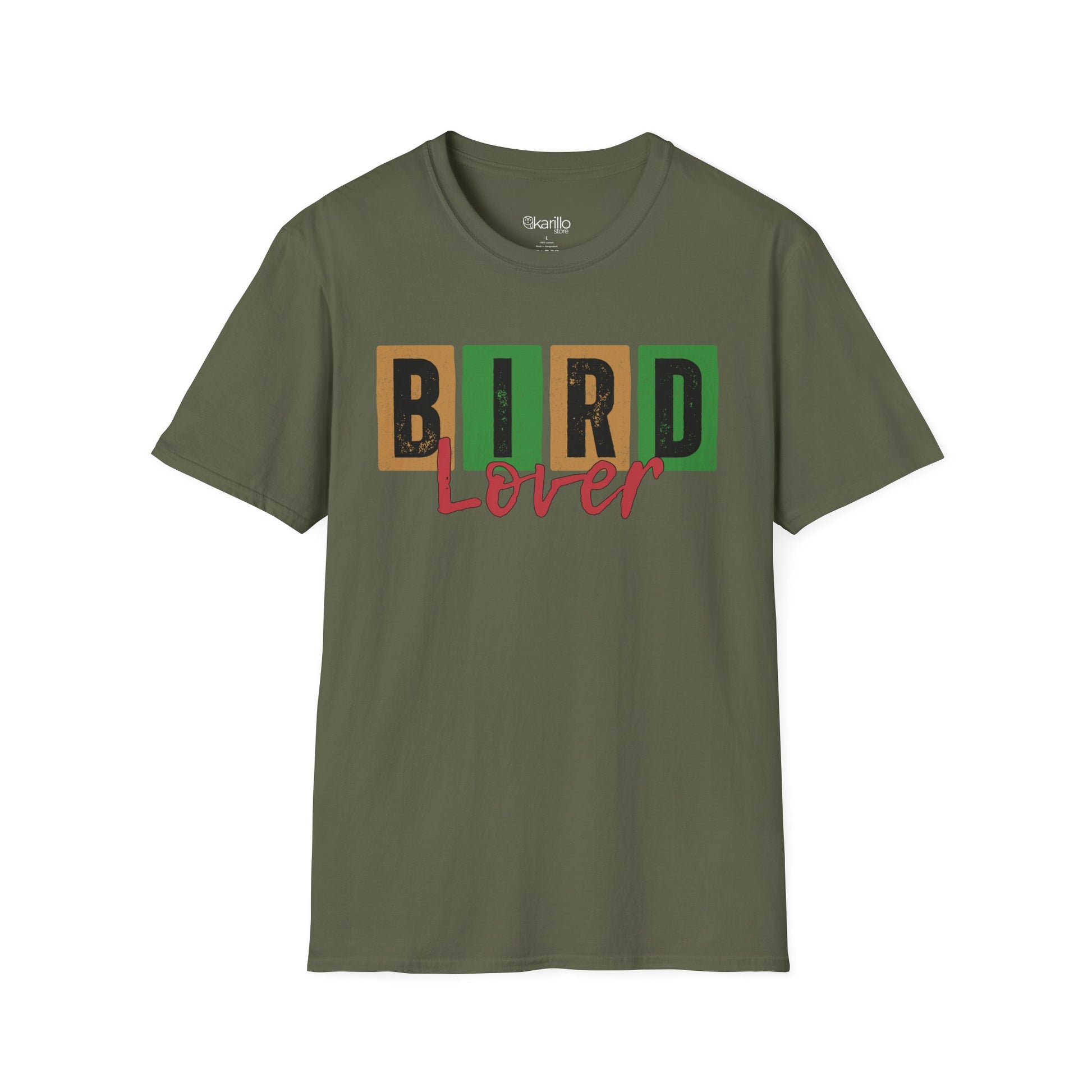 Front view of military green t-shirt with 'Bird Lover' text on a white background
