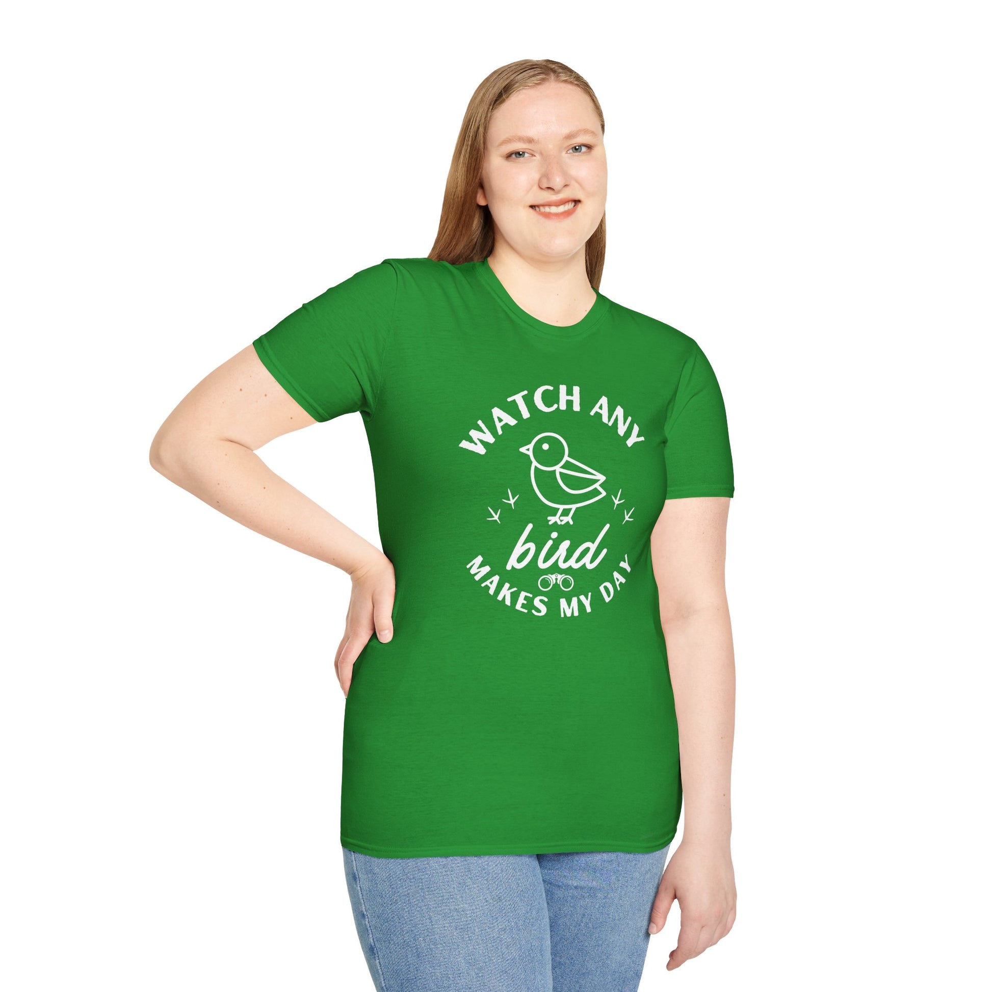 Girl wearing green t-shirt with "watch any bird" text and bird graphic on a white background