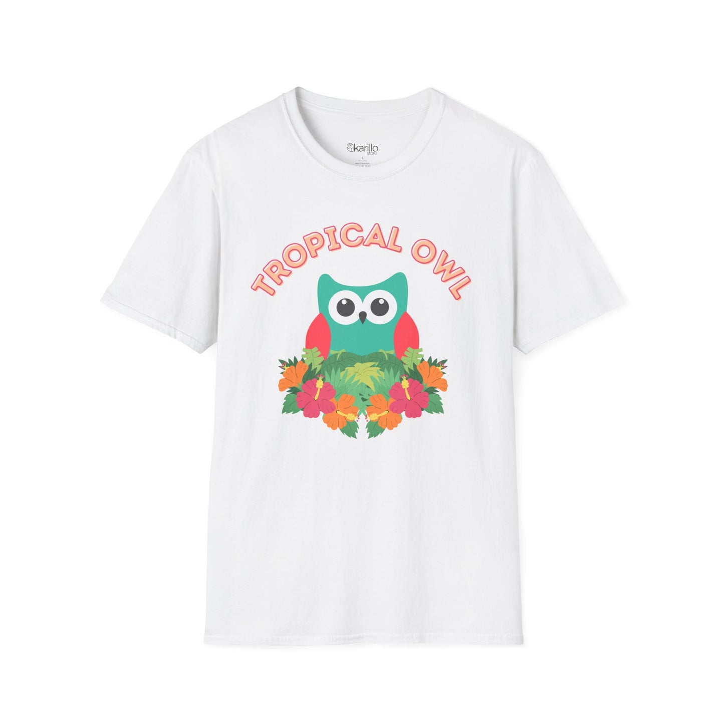 White t-shirt with a colorful 'Tropical Owl' design on a white background