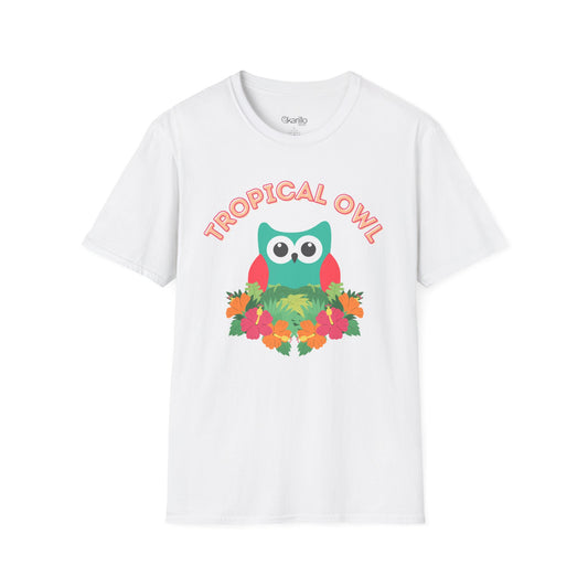 White t-shirt with a colorful 'Tropical Owl' design on a white background