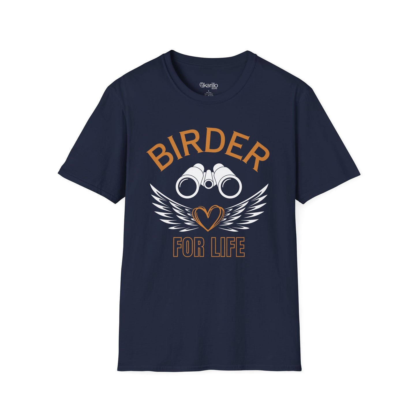 Front view of Birder for Life T-shirt blue color, gift for bird lovers
