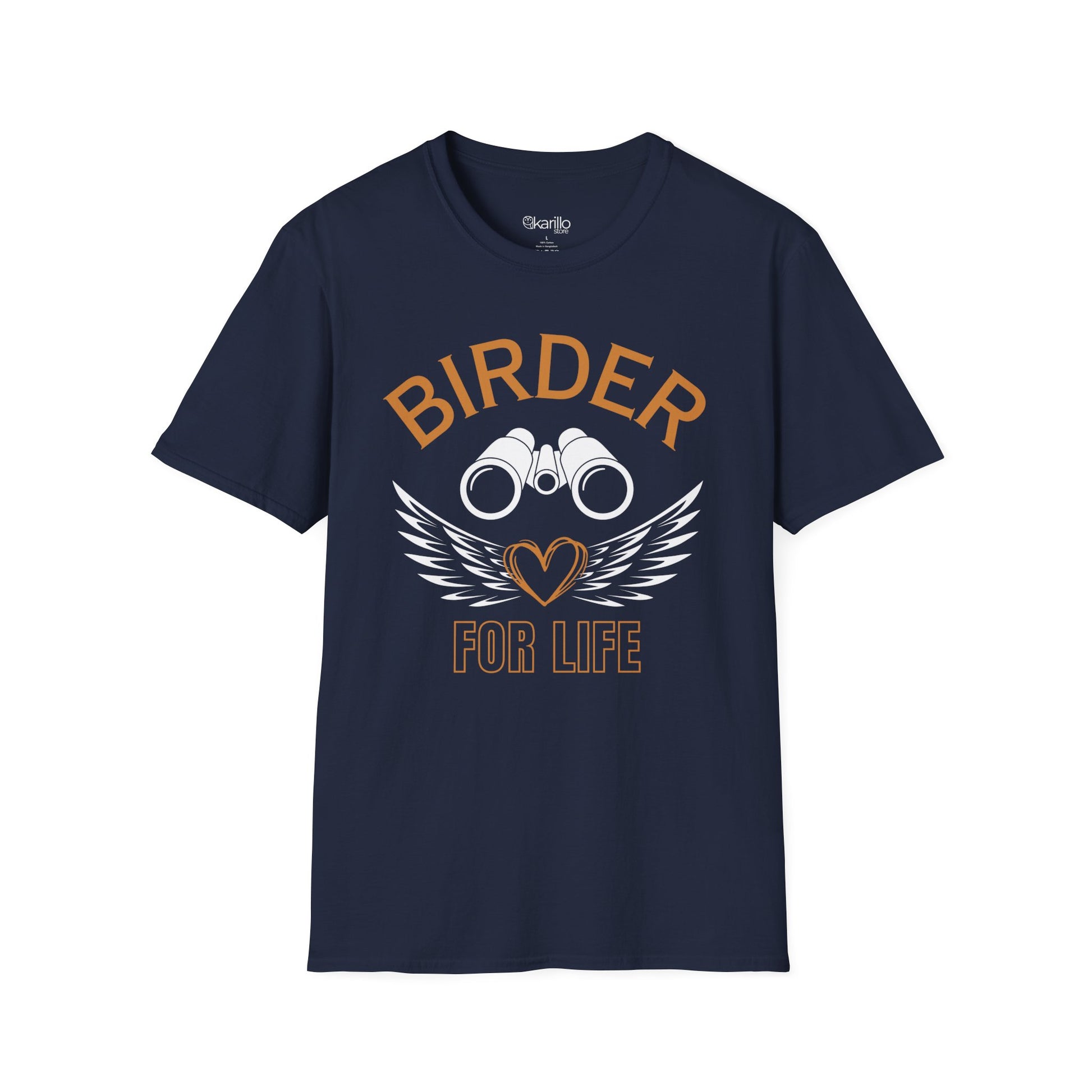 Front view of Birder for Life T-shirt blue color, gift for bird lovers