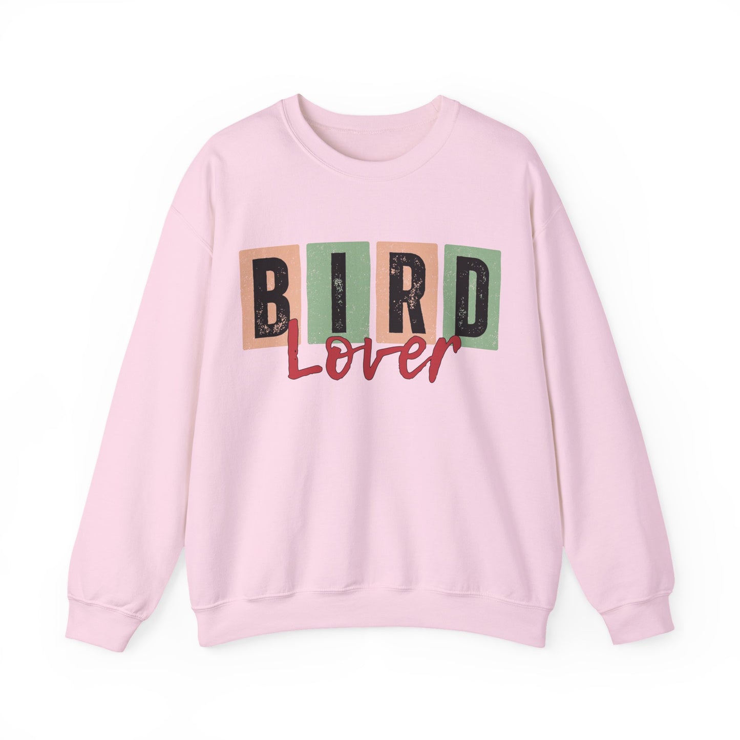 Pink sweatshirt with 'Bird Lover' text on a white background