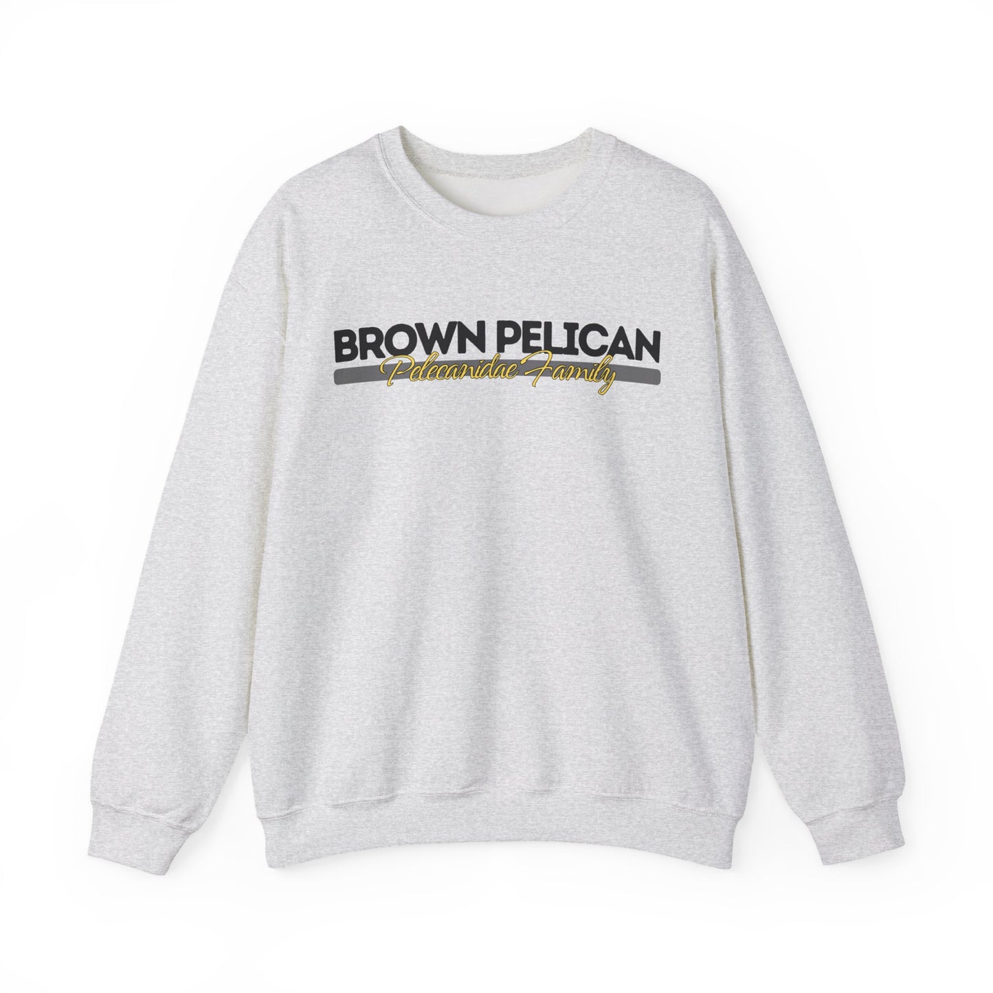 Gray sweatshirt with 'Brown Pelican' logo on a white background