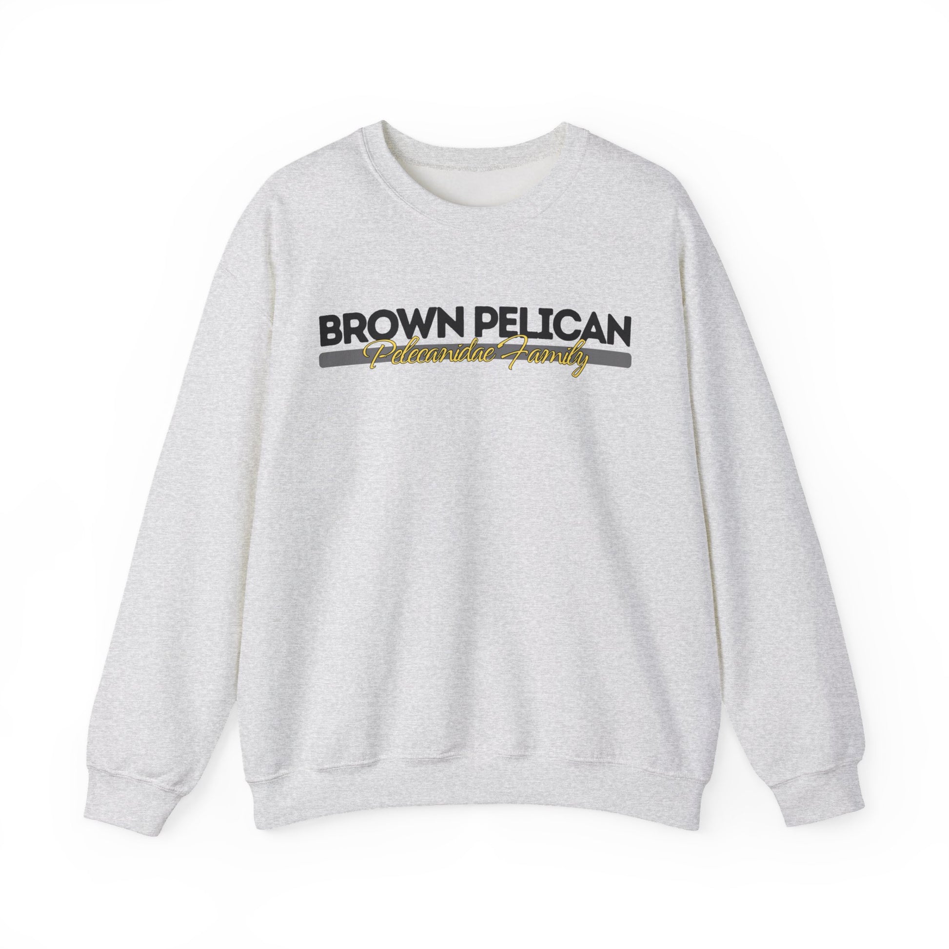 Gray sweatshirt with 'Brown Pelican' logo on a white background