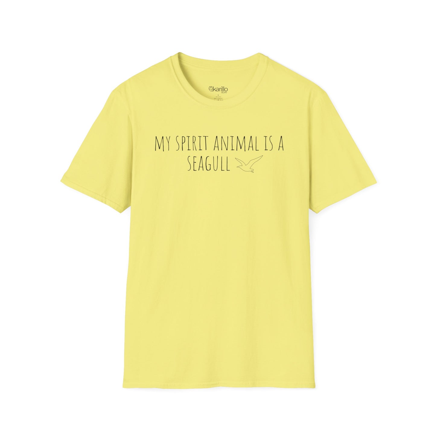 Yellow t-shirt with text 'My spirit animal is a seagull' on a white background