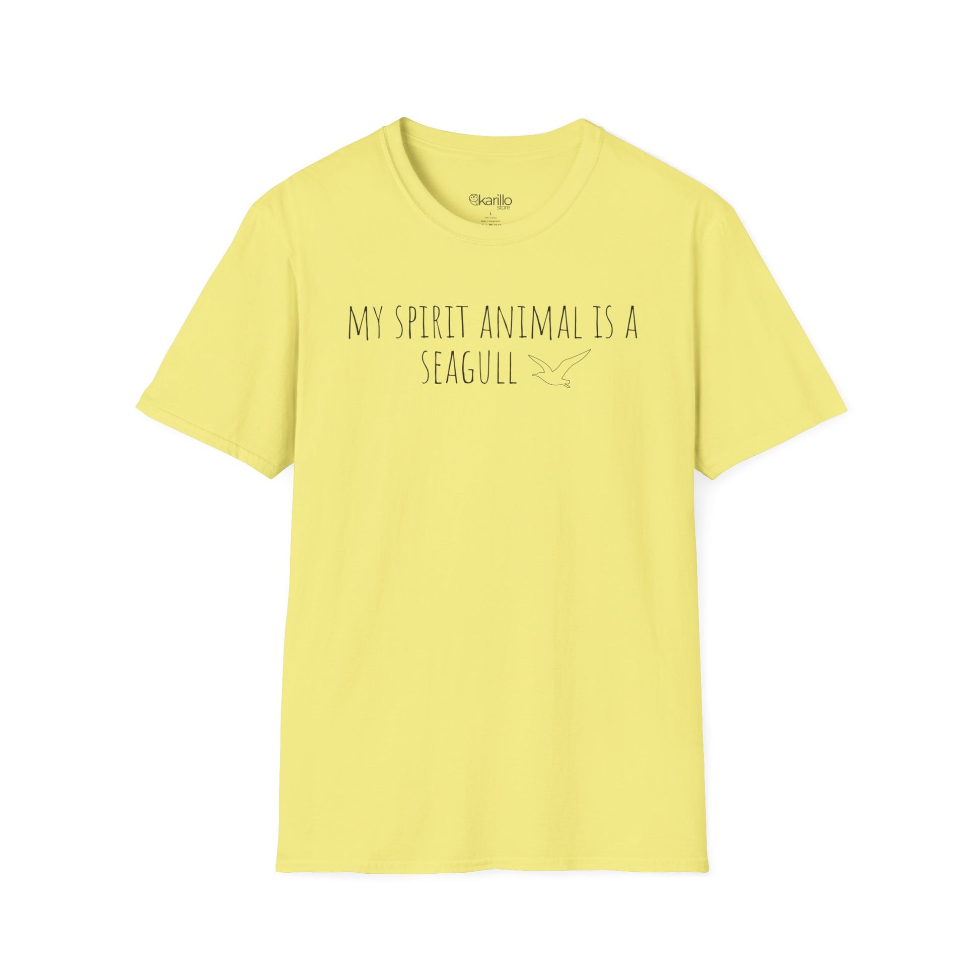 Yellow t-shirt with text 'My spirit animal is a seagull' on a white background