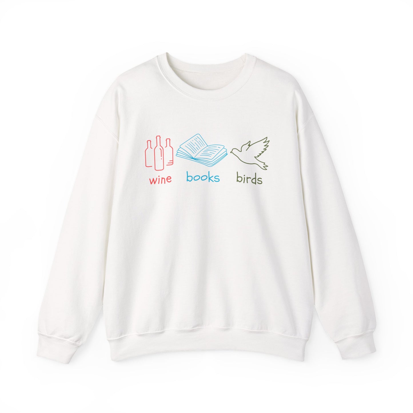 White sweatshirt with 'wine', 'books', and 'birds' graphics on a white background