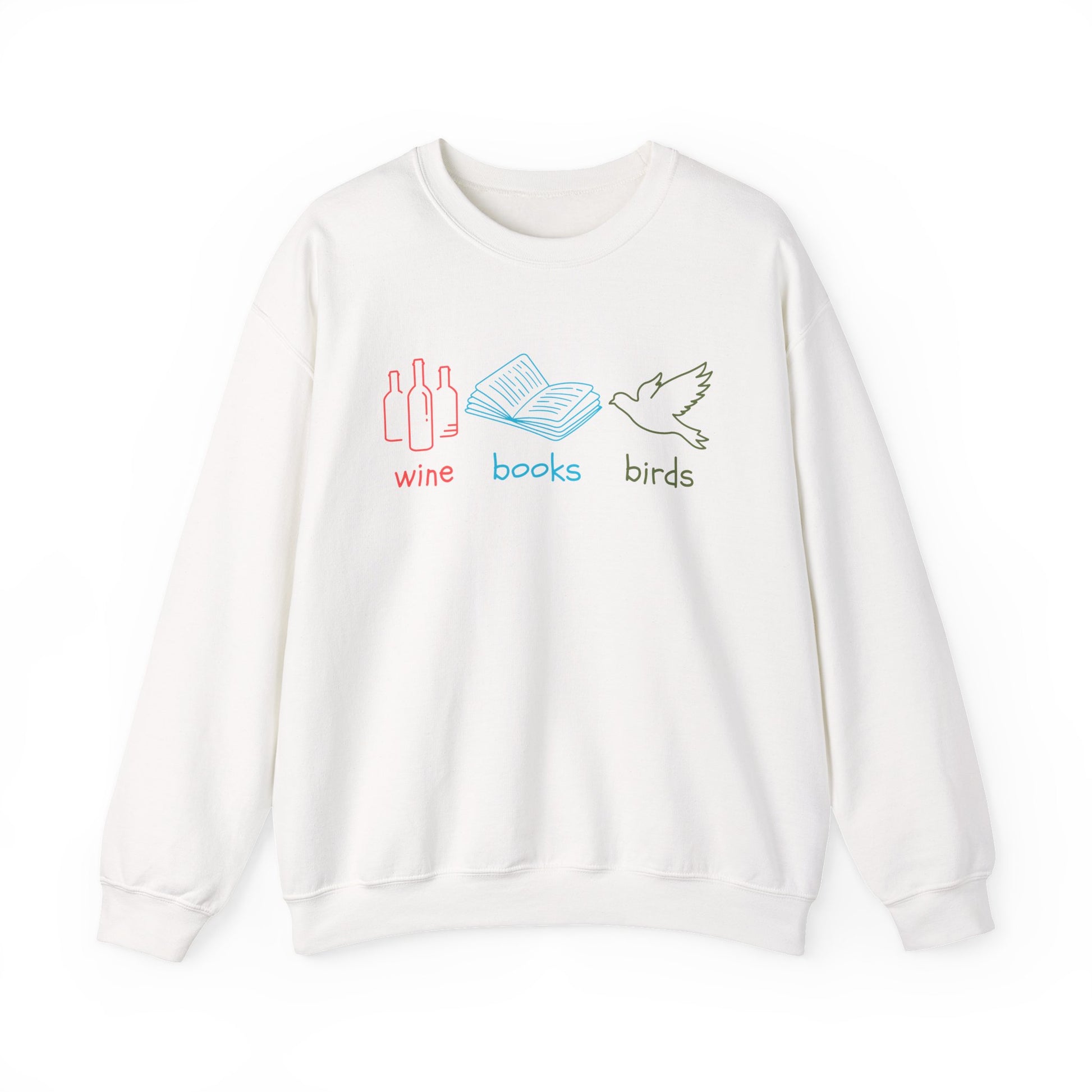 White sweatshirt with 'wine', 'books', and 'birds' graphics on a white background