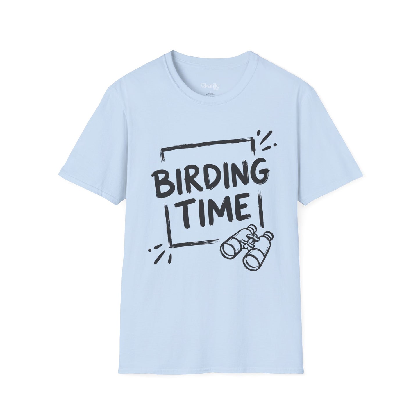 Light blue t-shirt with 'BIRDING TIME' text and binoculars graphic on a white background