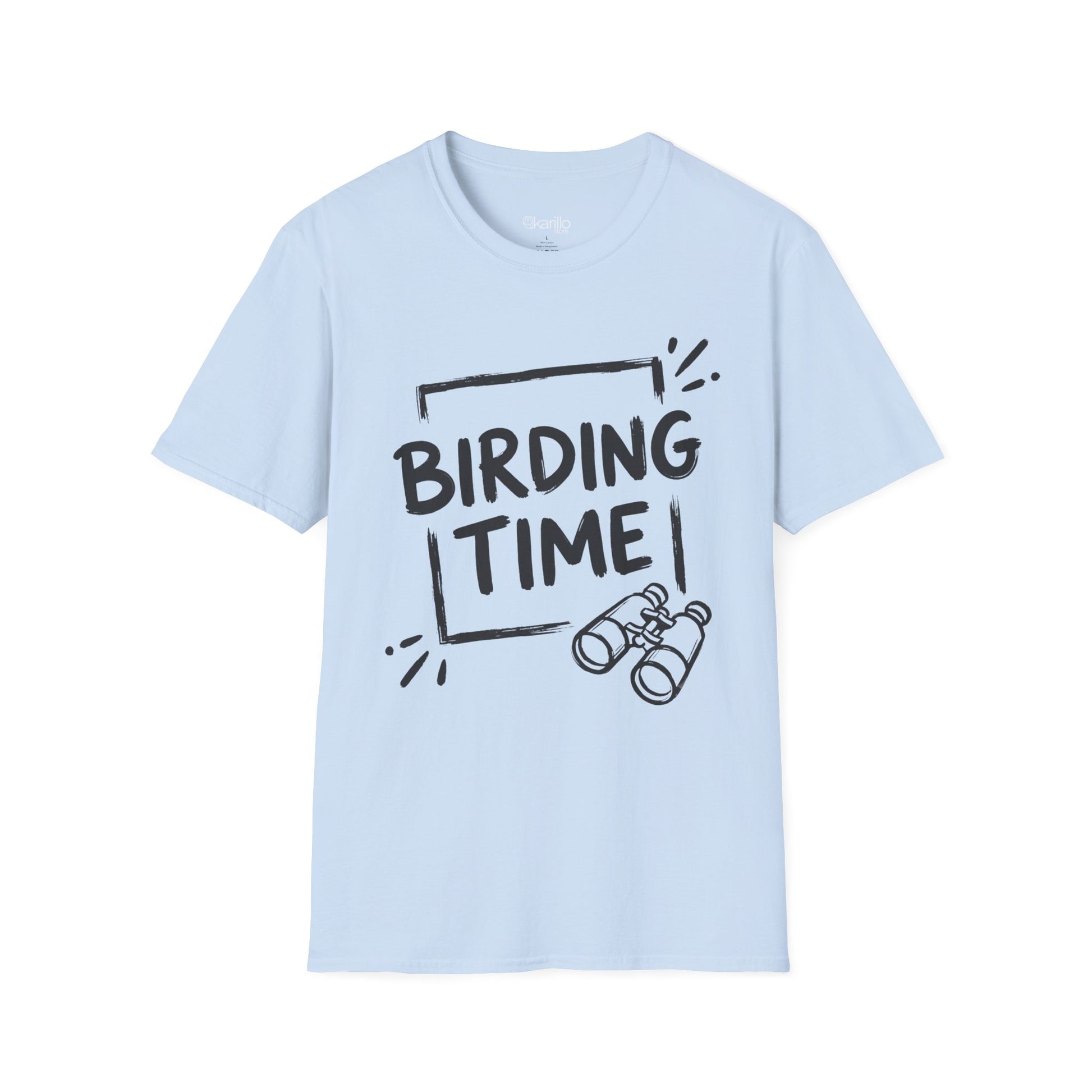 Light blue t-shirt with 'BIRDING TIME' text and binoculars graphic on a white background