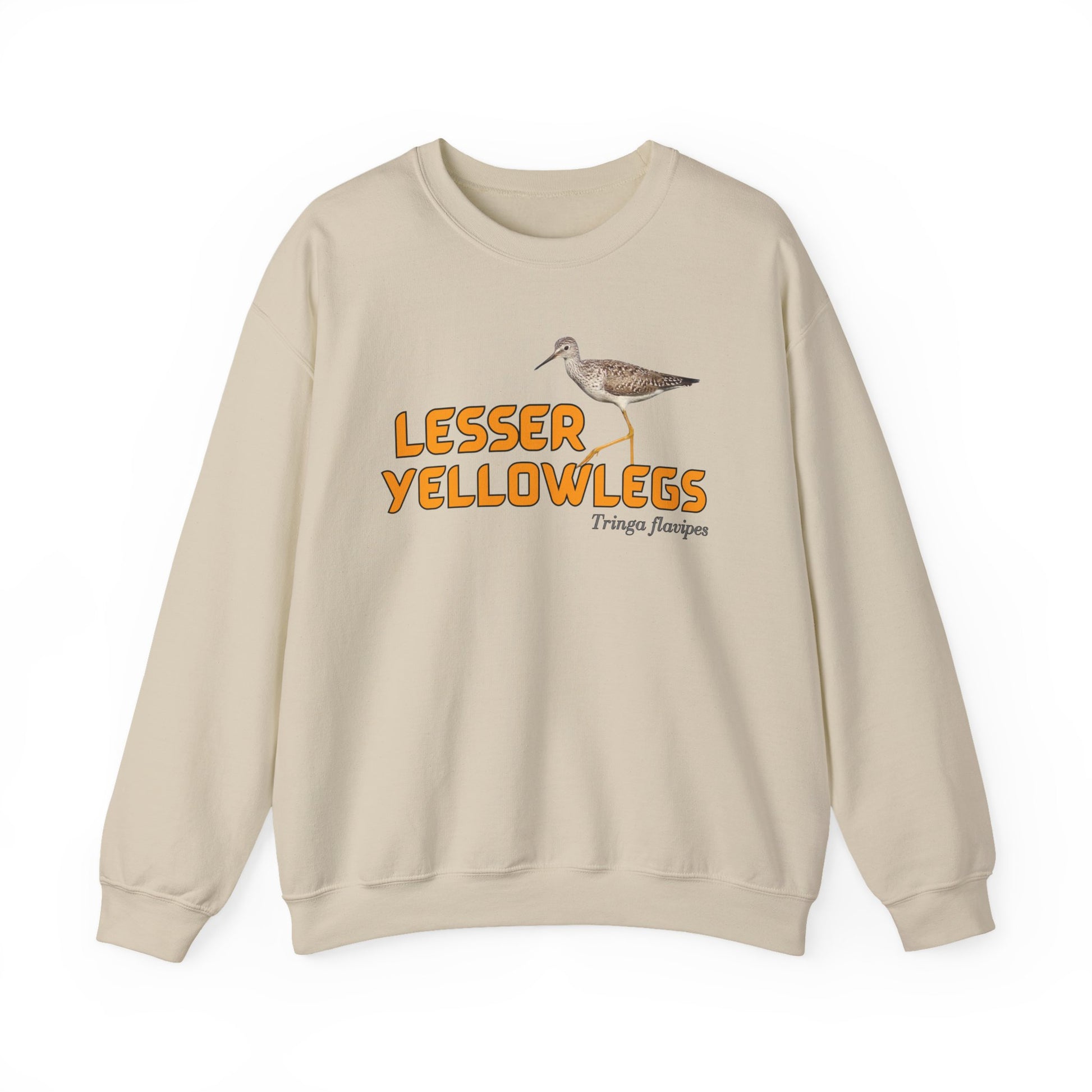 Beige sweatshirt with 'LESSER YELLOWLEGS' text and bird illustration on a white background