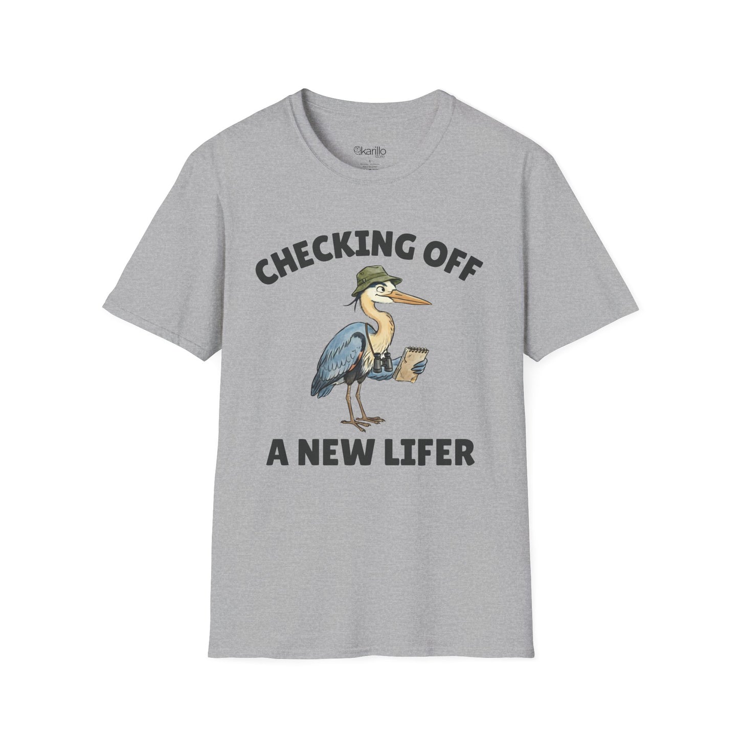 Gray short-sleeve t-shirt with a graphic of a heron wearing a green hat and holding checklist and binoculars, with the text 'CHECKING OFF A NEW LIFER' with a white blackground.