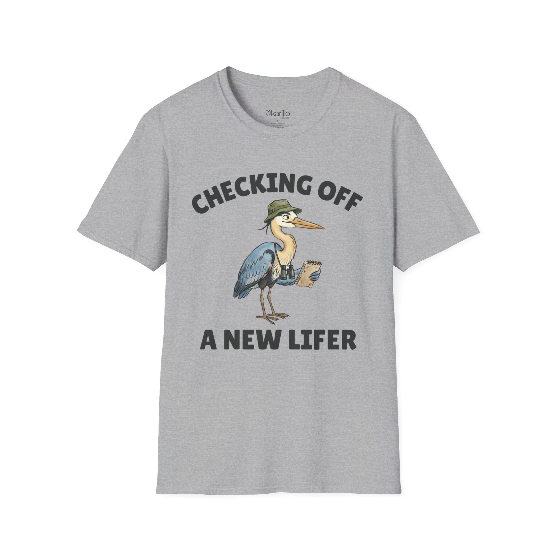 Gray short-sleeve t-shirt with a graphic of a heron wearing a green hat and holding checklist and binoculars, with the text 'CHECKING OFF A NEW LIFER' with a white blackground.