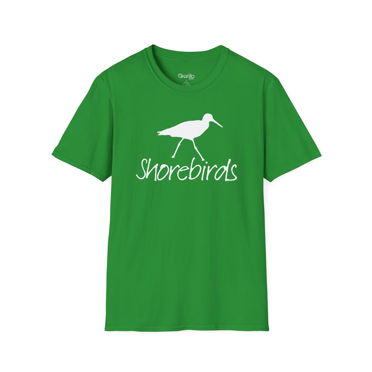 Front view of a unisex "Shorebirds" graphic green T-shirt featuring an elegant all-white shorebird illustration