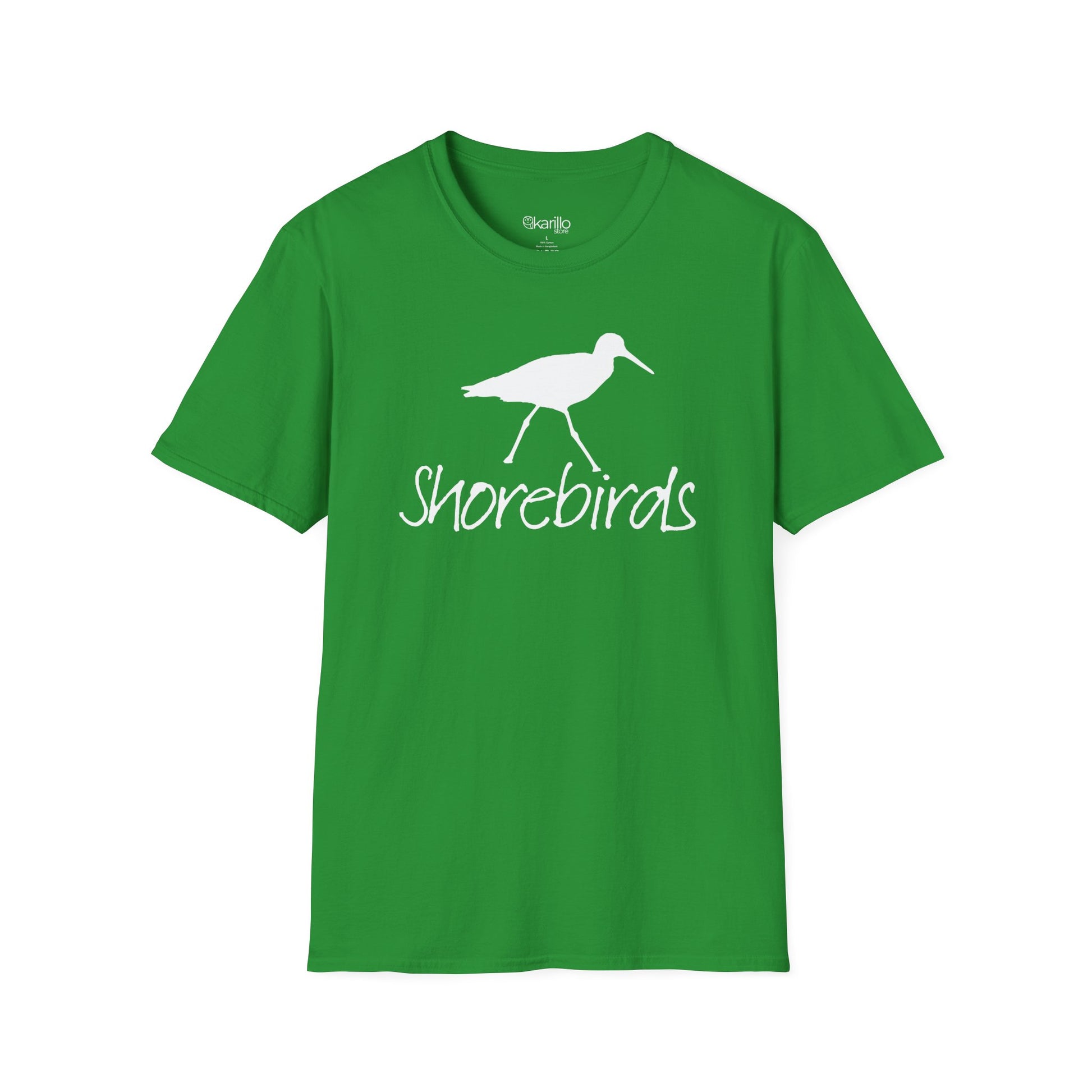 Front view of a unisex "Shorebirds" graphic green T-shirt featuring an elegant all-white shorebird illustration