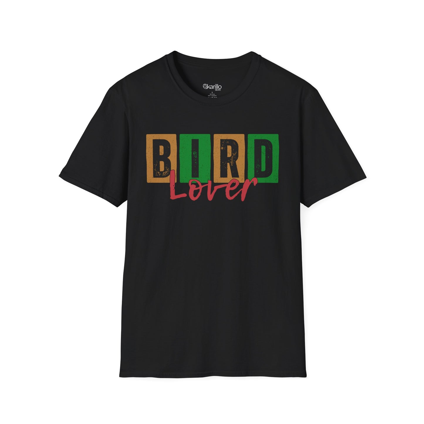 Front view of black t-shirt with 'Bird Lover' text on a white background