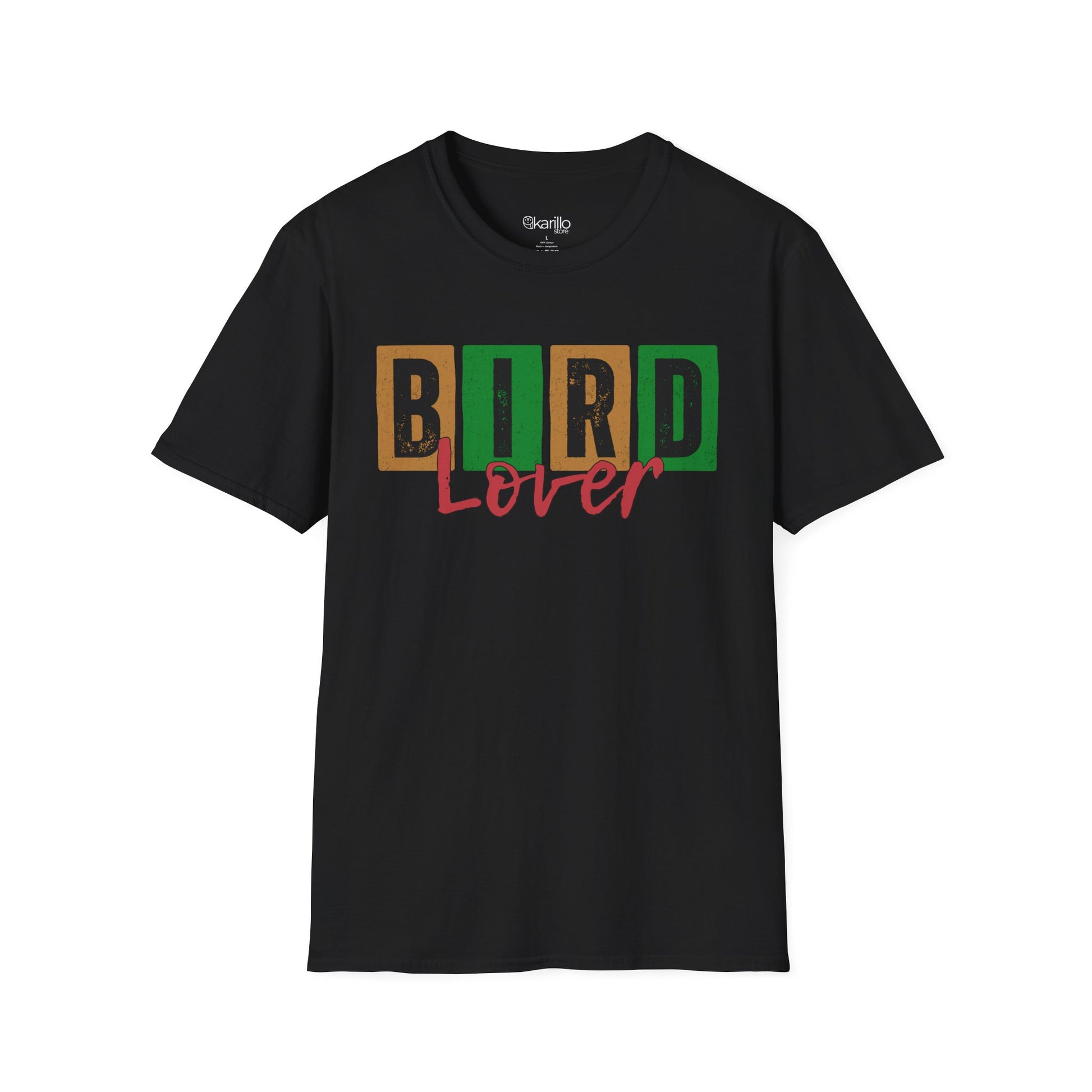 Front view of black t-shirt with 'Bird Lover' text on a white background