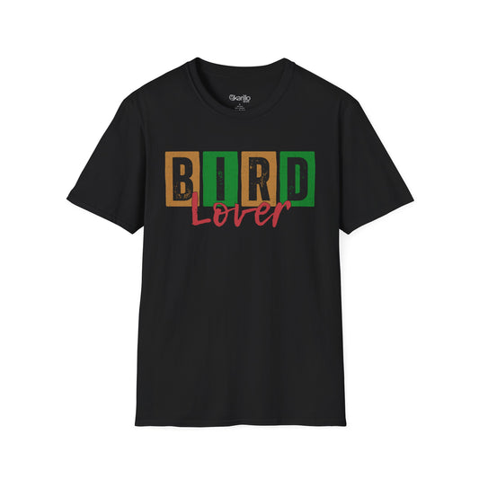 Front view of black t-shirt with 'Bird Lover' text on a white background
