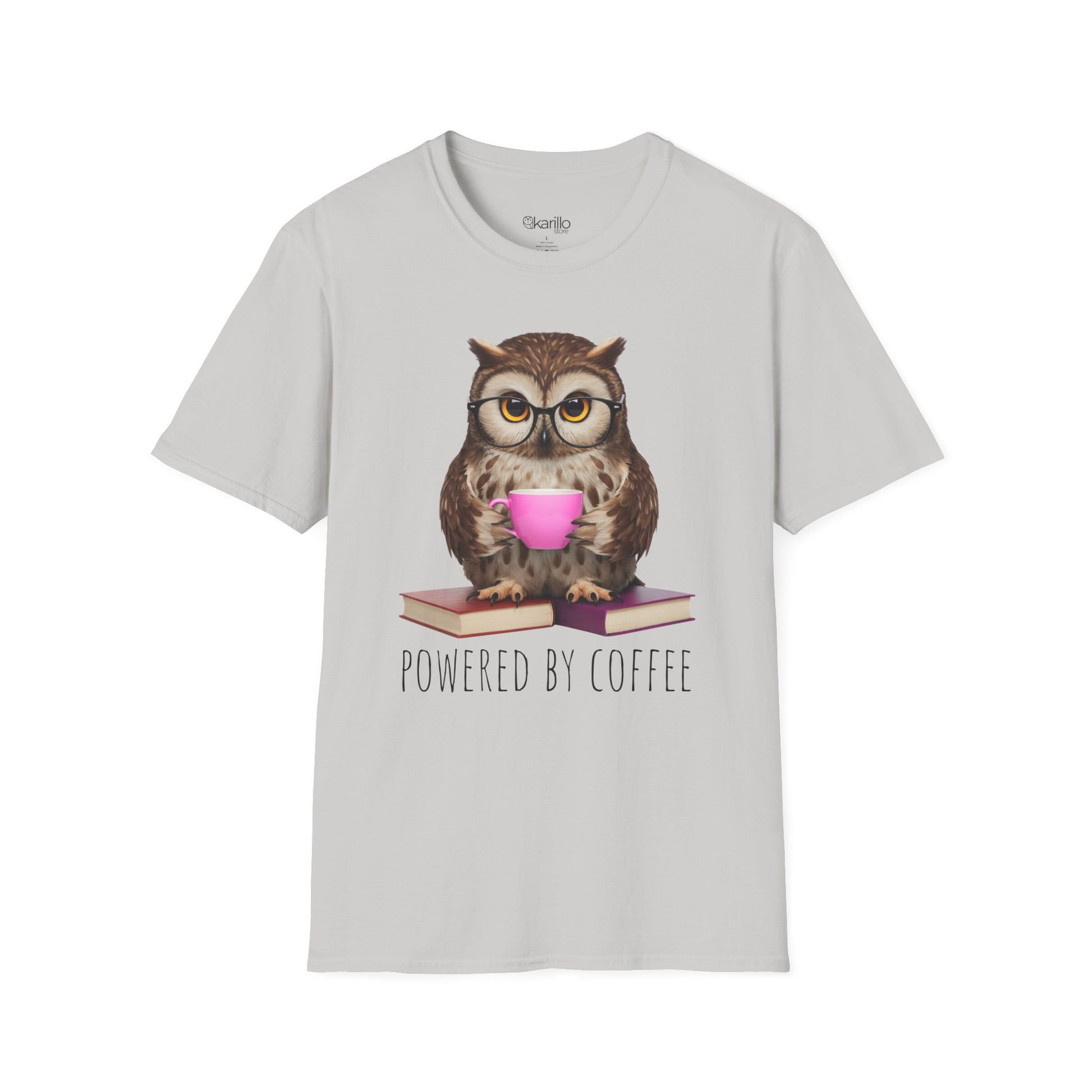 Light gray t-shirt with an owl graphic holding a coffee cup and books, text 'Powered by Coffee' on a white background.