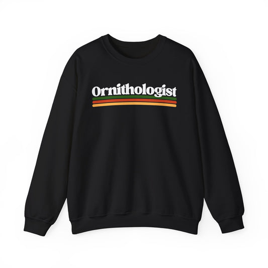 Black sweatshirt with 'Ornithologist' text on a white background