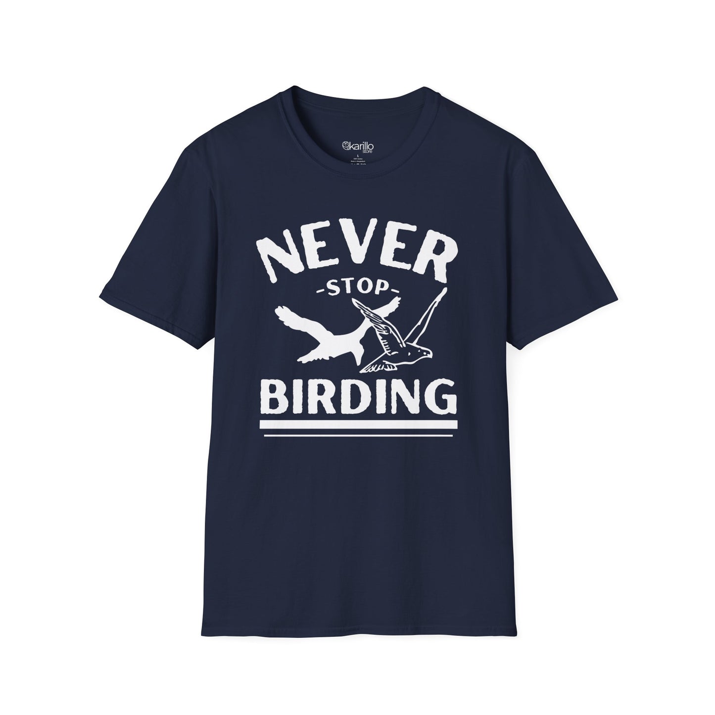 front view of navy blue t-shirt with 'Never Stop Birding' text and bird graphics on a white background