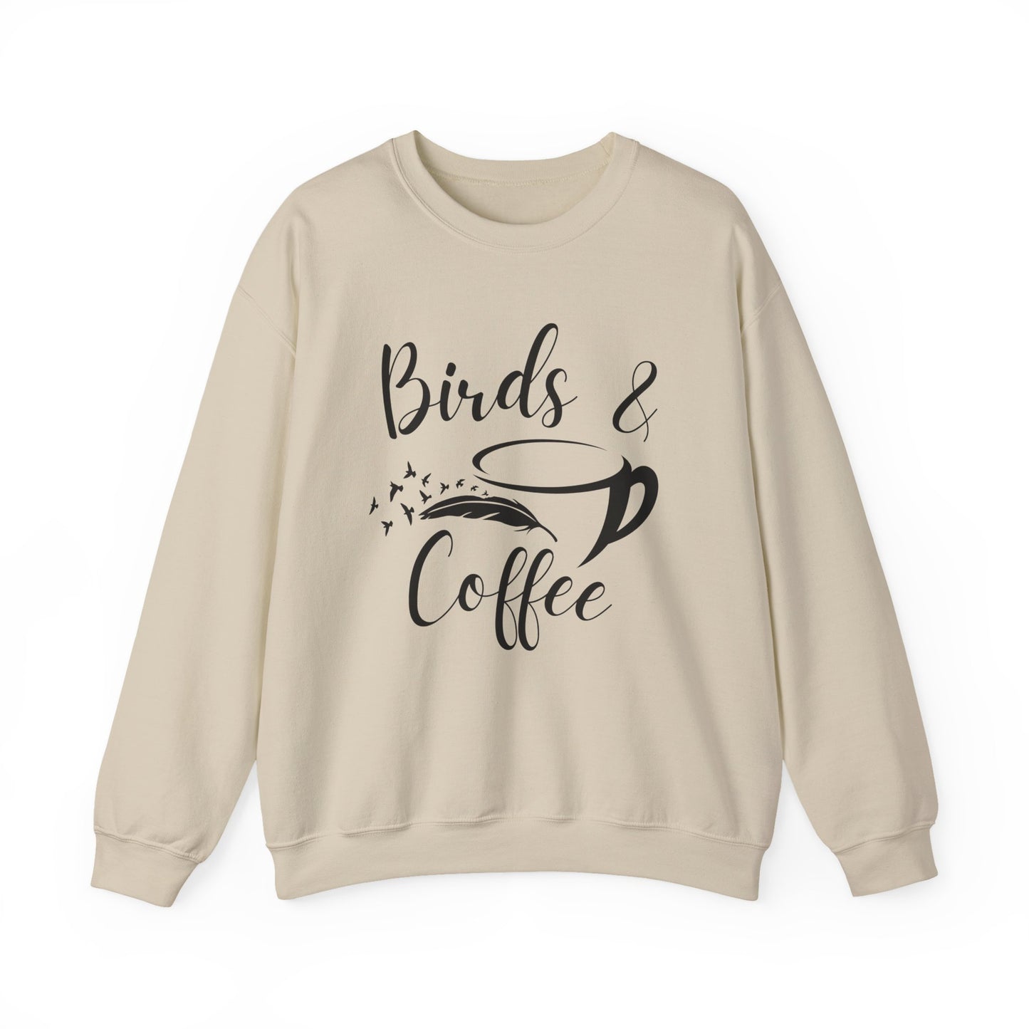 Beige sweatshirt with 'Birds & Coffee' text design on a white background