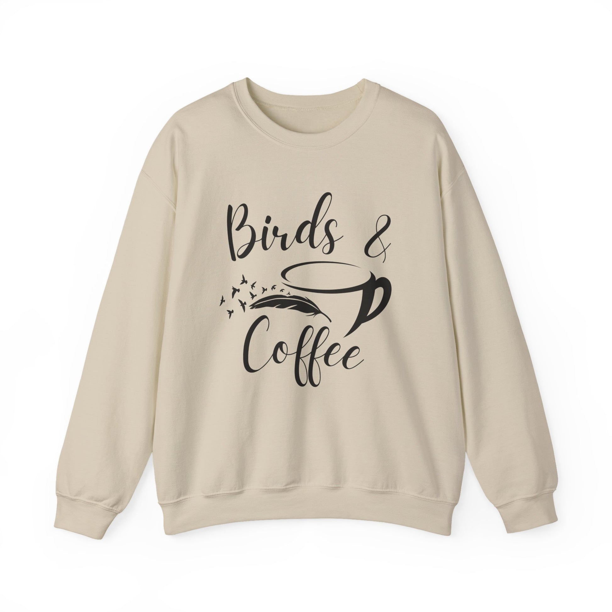 Beige sweatshirt with 'Birds & Coffee' text design on a white background