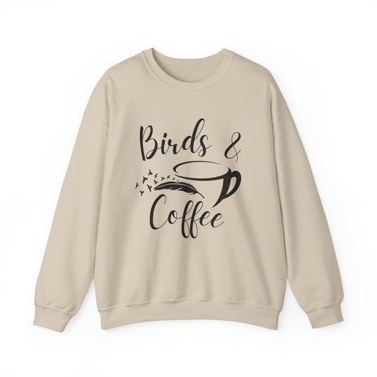 Beige sweatshirt with 'Birds & Coffee' text design on a white background