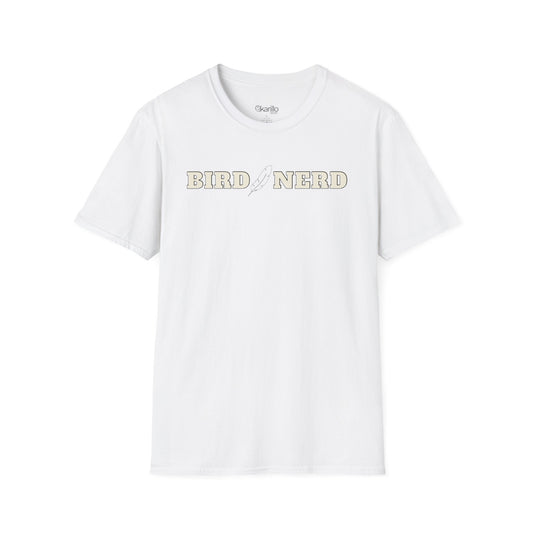 White t-shirt with 'BIRD NERD' printed in the chest, featuring a small feather graphic. 