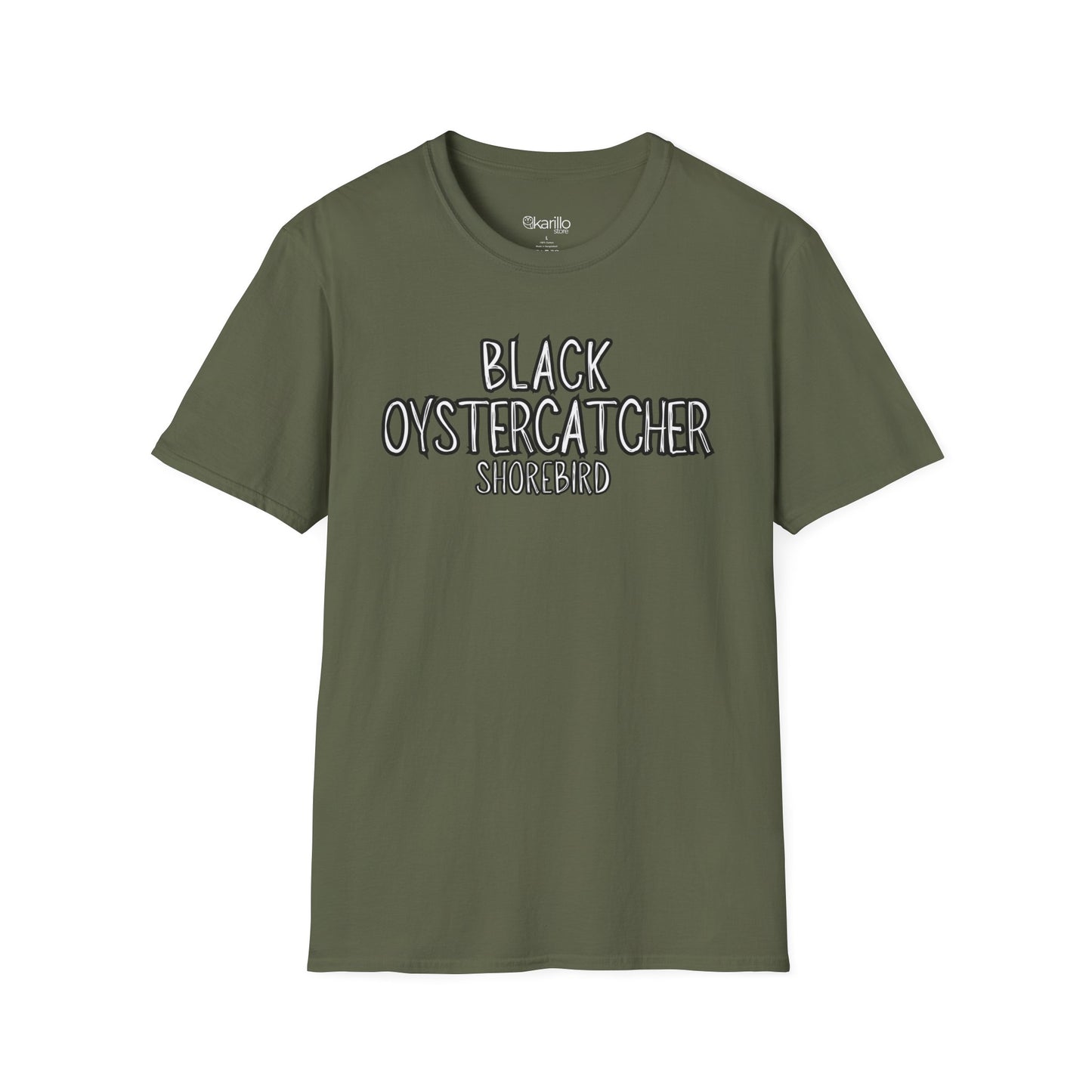 Front view military green t-shirt with 'Black Oystercatcher Shorebird' text on a white background