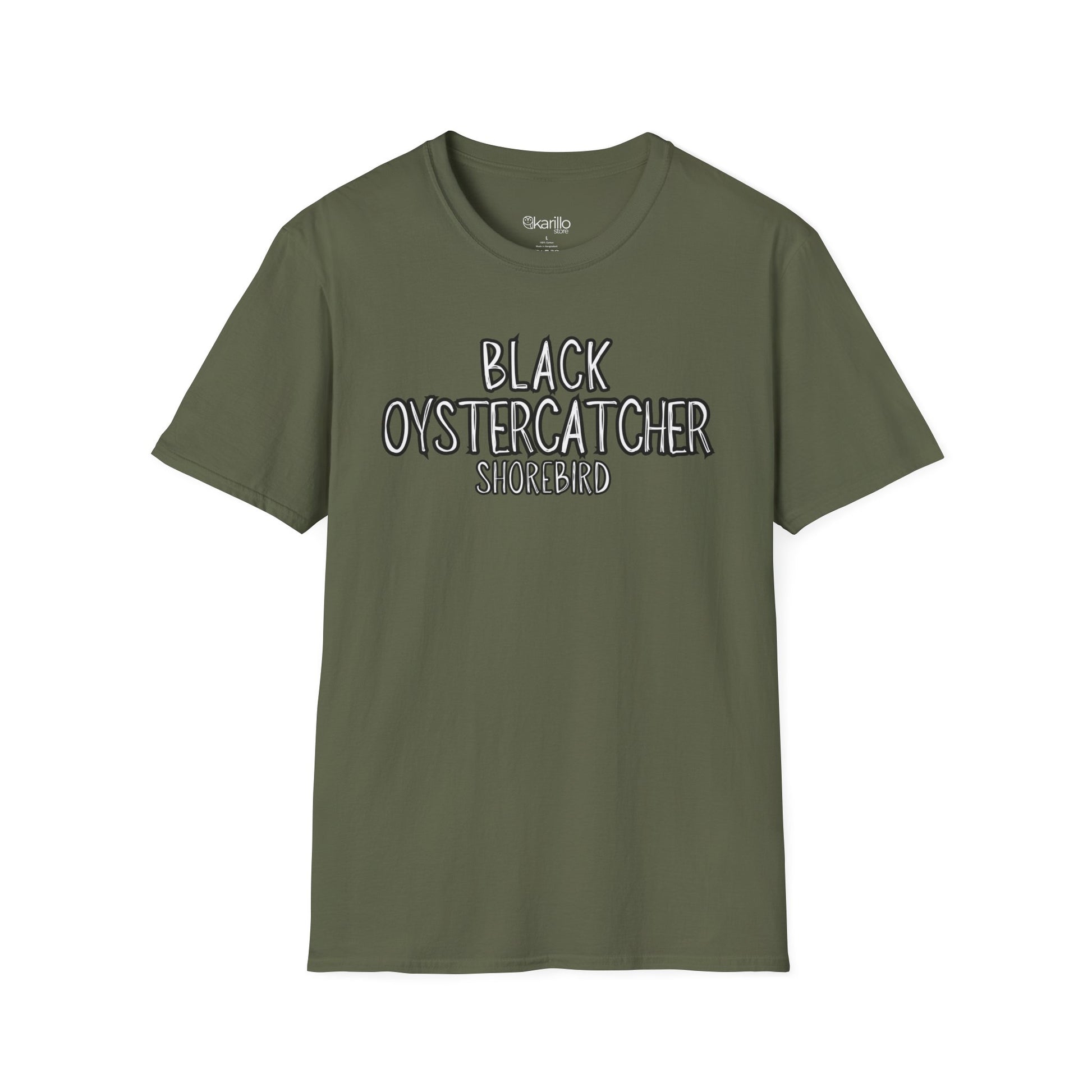 Front view military green t-shirt with 'Black Oystercatcher Shorebird' text on a white background