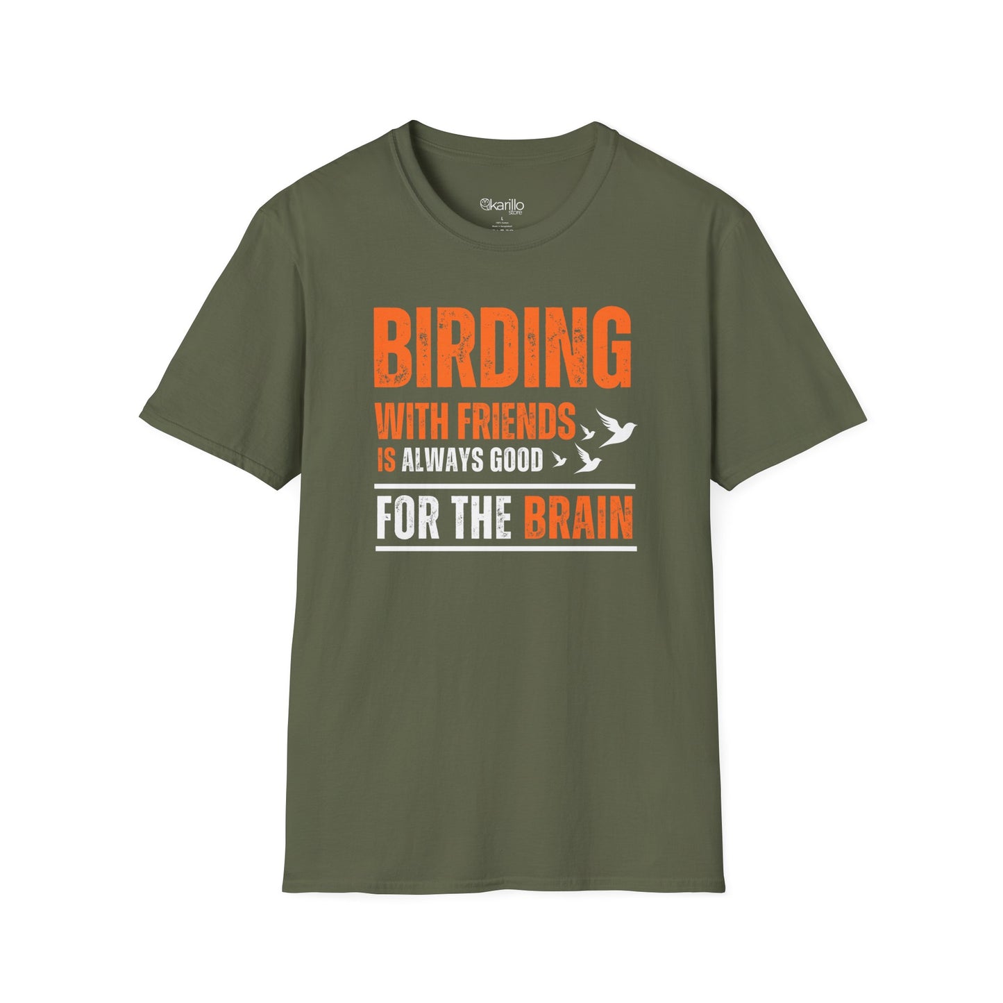 Front view Birding With Friends T-shirt – Birdwatching Quote military green color