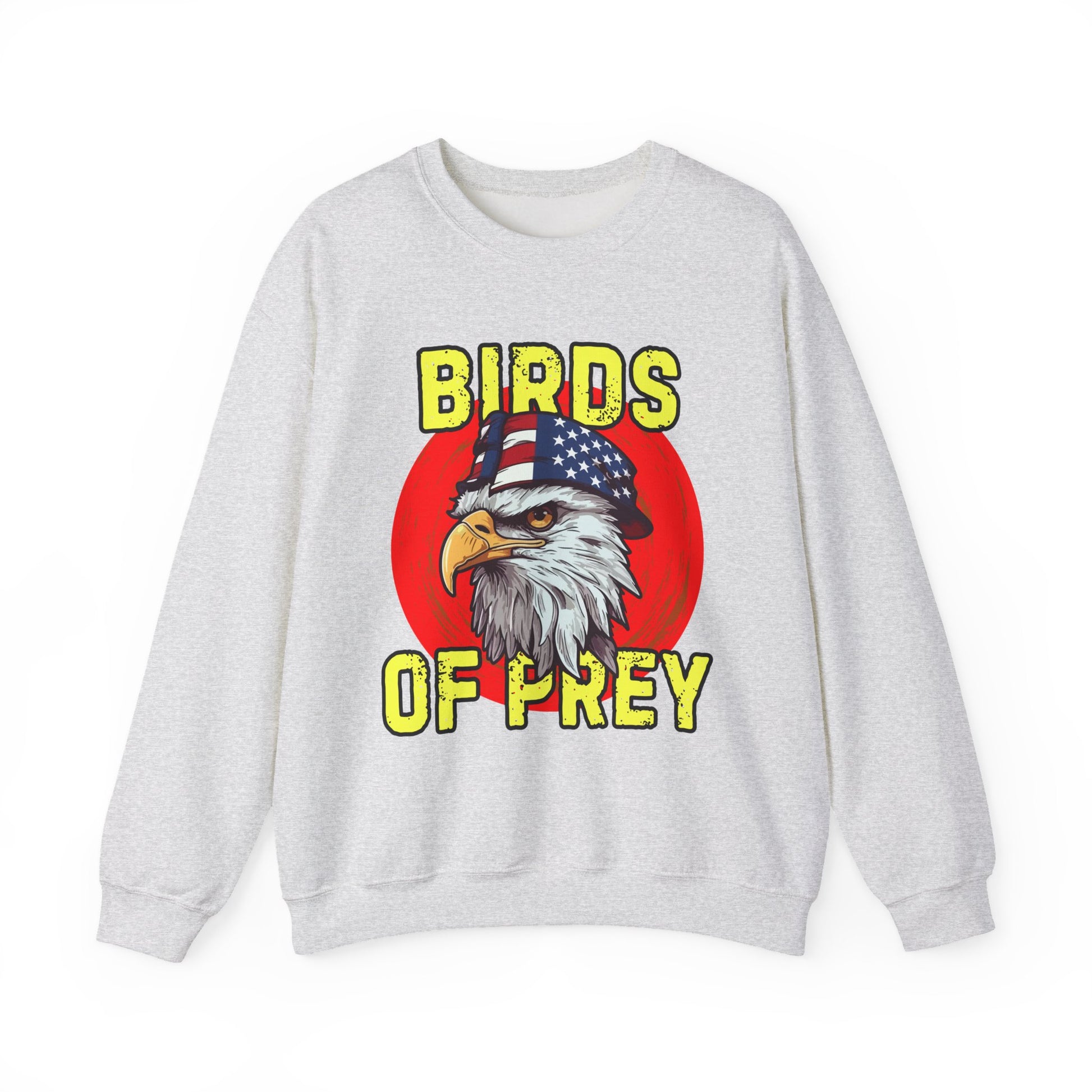 Gray sweatshirt with an eagle graphic and 'Birds of Prey' text on a white background