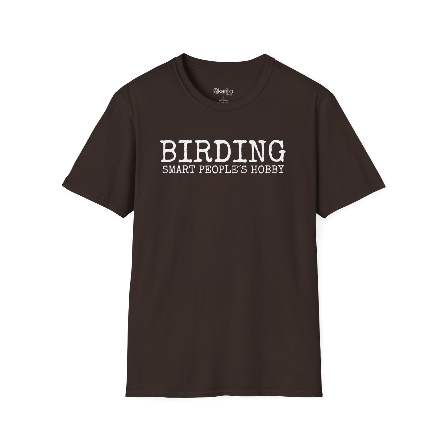 Front view brown t-shirt with 'BIRDING SMART PEOPLE'S HOBBY' text on a white background