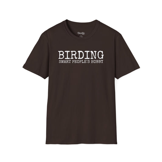 Front view brown t-shirt with 'BIRDING SMART PEOPLE'S HOBBY' text on a white background