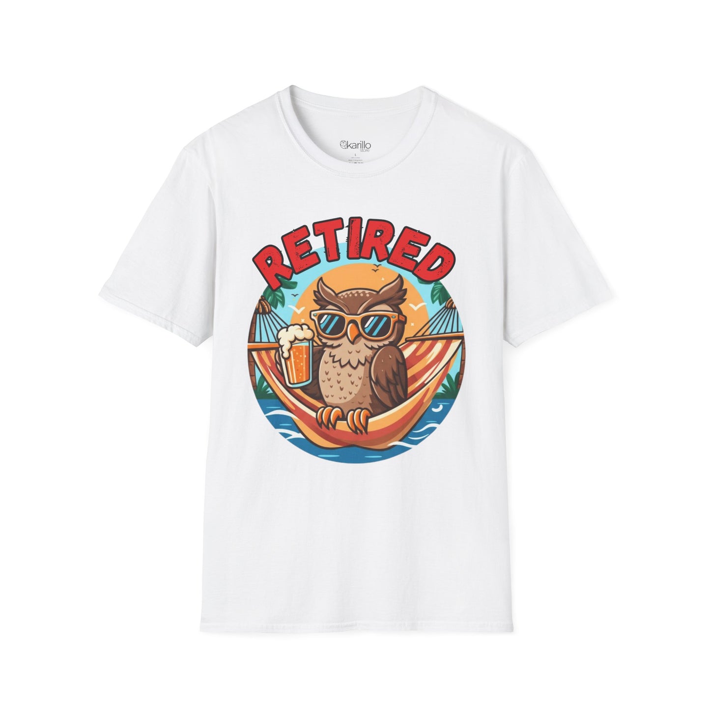White t-shirt with a graphic of an owl in sunglasses and a hammock, accompanied by the word 'Retired'.