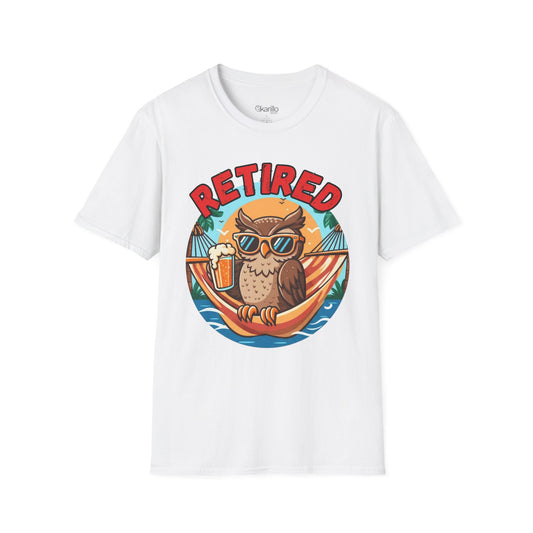 White t-shirt with a graphic of an owl in sunglasses and a hammock, accompanied by the word 'Retired'.