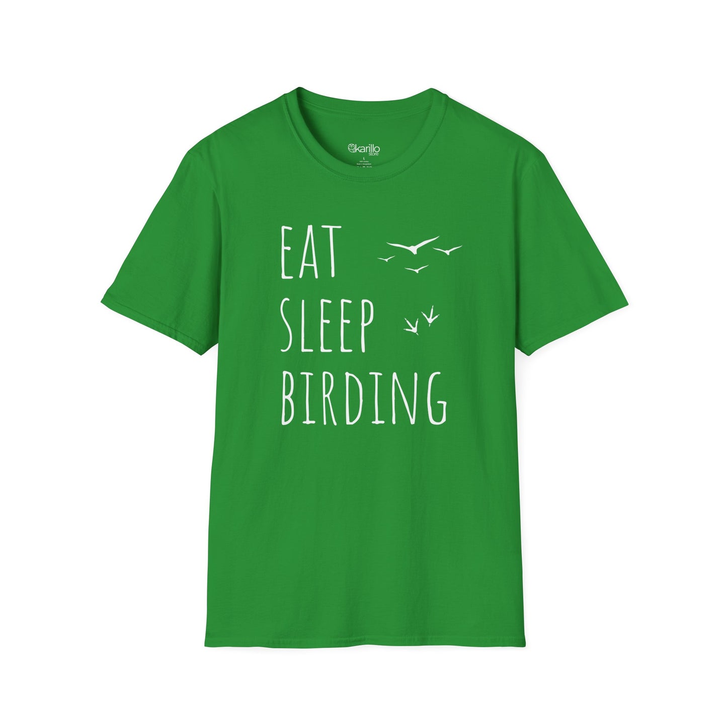 green t-shirt with 'Eat Sleep Birding' text and bird illustrations on a white background